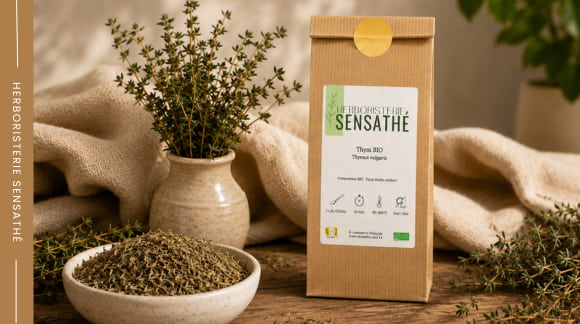 Sachet de thym accompagné de thym séché et frais, plante médicinale traditionnellement utilisée pour soutenir les voies respiratoires pendant la saison hivernale. - Herboristerie Sensathé